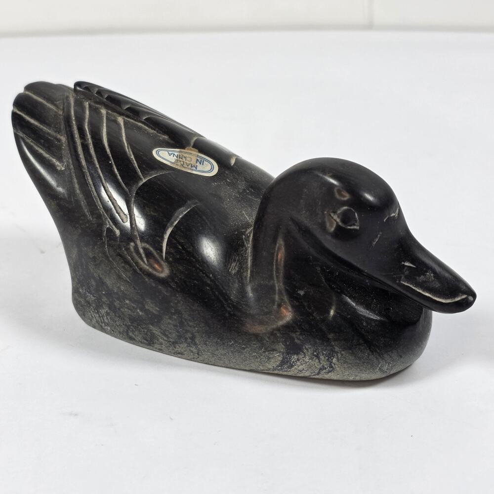 Carved Stone Duck Figurine Black Polished Decorative paperweight rustic decor